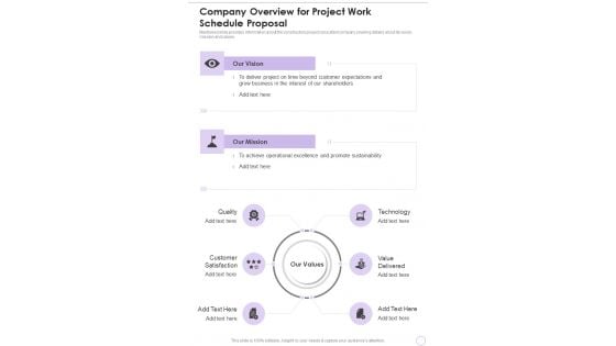 Company Overview For Project Work Schedule Proposal One Pager Sample Example Document Company Overview For Project Work Schedule Proposal One Pager Sample Example Document