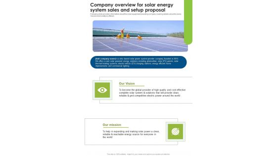 Company Overview For Solar Energy System Sales And Setup Proposal One Pager Sample Example Document Company Overview For Solar Energy System Sales And Setup Proposal One Pager Sample Example Document