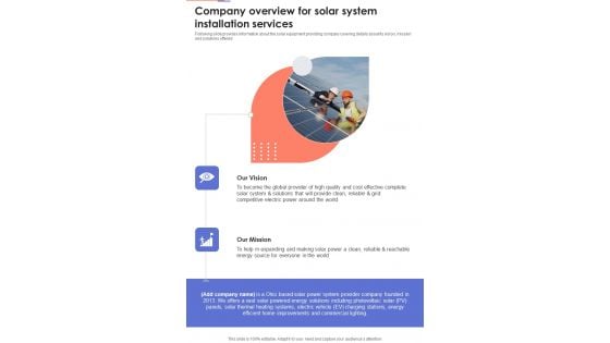 Company Overview For Solar System Installation Services One Pager Sample Example Document Company Overview For Solar System Installation Services One Pager Sample Example Document