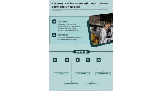 Company Overview For Strategic Project Plan And Administration Proposal One Pager Sample Example Document Company Overview For Strategic Project Plan And Administration Proposal One Pager Sample Example Document