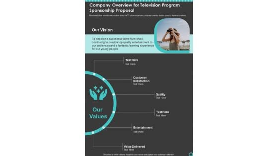 Company Overview For Television Program Sponsorship Proposal One Pager Sample Example Document Company Overview For Television Program Sponsorship Proposal One Pager Sample Example Document
