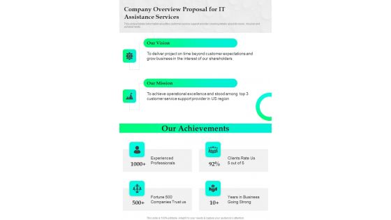 Company Overview Proposal For IT Assistance Services One Pager Sample Example Document