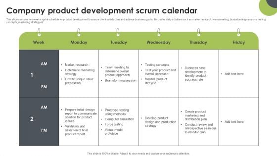 Company Product Development Scrum Calendar Designs PDF