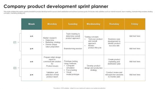 Company Product Development Sprint Planner Ppt Styles Portrait PDF