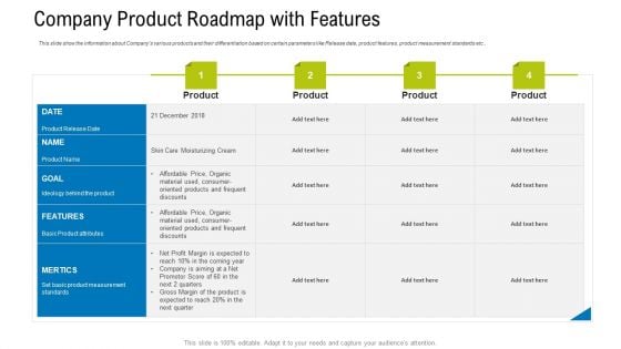 Company Product Roadmap With Features Ppt Infographics Slide Portrait PDF