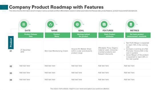 Company Product Roadmap With Features Ppt Model Diagrams PDF