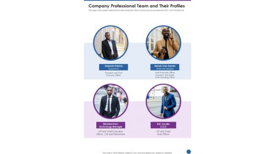 Company Professional Team And Their Profiles One Pager Documents