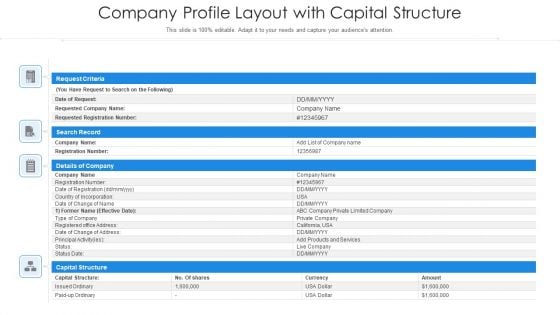 Company Profile Layout With Capital Structure Ppt Portfolio Vector PDF