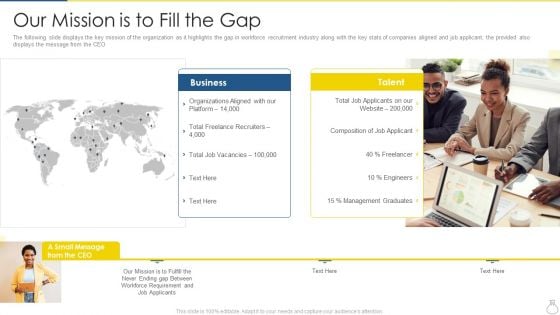 Company Recruitment Application Investor Funding Pitch Deck Our Mission Is To Fill The Gap Download PDF Company Recruitment Application Investor Funding Pitch Deck Our Mission Is To Fill The Gap Download PDF