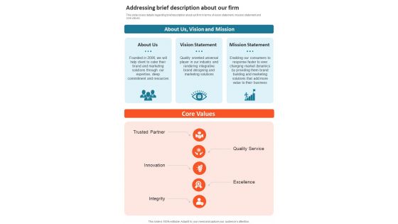 Company Reputation Development And Awareness Creation Addressing Brief Description One Pager Sample Example Document Company Reputation Development And Awareness Creation Addressing Brief Description One Pager Sample Example Document