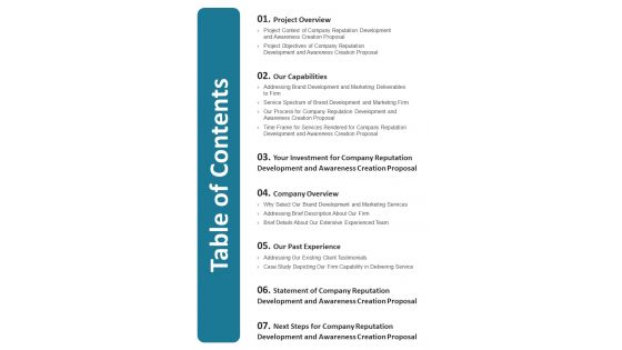 Company Reputation Development And Awareness Creation Proposal Table Of Contents One Pager Sample Example Document