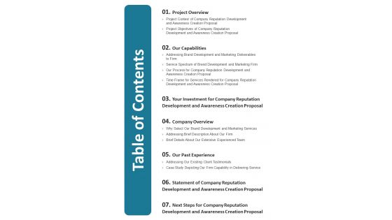 Company Reputation Development And Awareness Creation Proposal Table Of Contents One Pager Sample Example Document