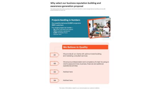 Company Reputation Development And Awareness Creation Why Select Our Business One Pager Sample Example Document Company Reputation Development And Awareness Creation Why Select Our Business One Pager Sample Example Document