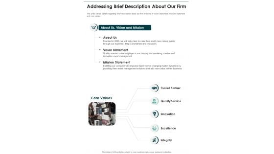 Company Retreat Template Addressing Brief Description About Our Firm One Pager Sample Example Document Company Retreat Template Addressing Brief Description About Our Firm One Pager Sample Example Document
