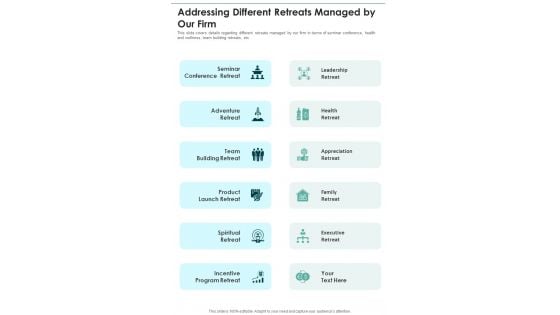 Company Retreat Template Addressing Different Retreats Managed One Pager Sample Example Document Company Retreat Template Addressing Different Retreats Managed One Pager Sample Example Document