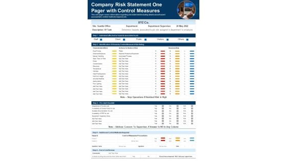 Company Risk Statement One Pager With Control Measures PDF Document PPT Template