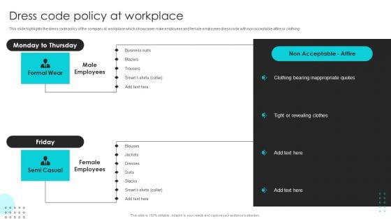 Company Rules And Regulations Manual Dress Code Policy At Workplace Icons PDF