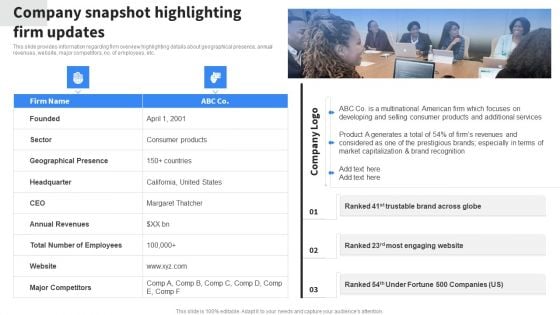 Company Snapshot Highlighting Firm Updates Demonstration PDF