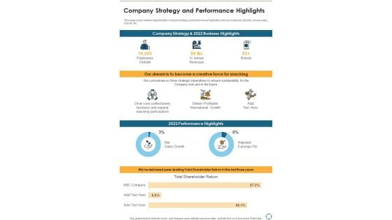 Company Strategy And Performance Highlights One Pager Documents Company Strategy And Performance Highlights One Pager Documents