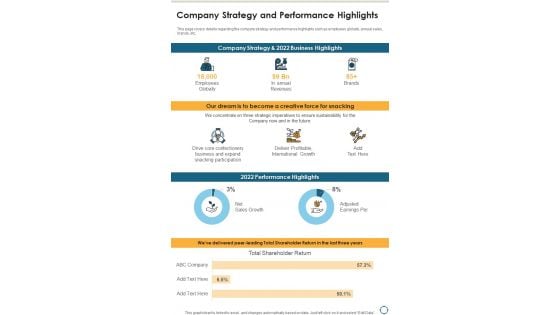 Company Strategy And Performance Highlights One Pager Documents