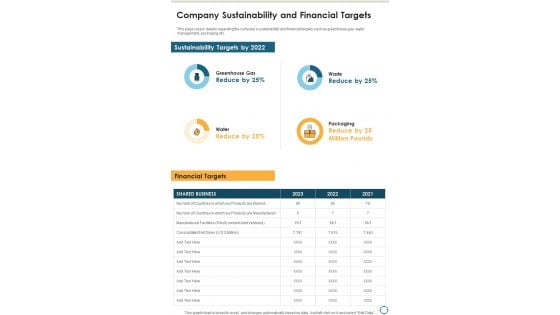 Company Sustainability And Financial Targets One Pager Documents