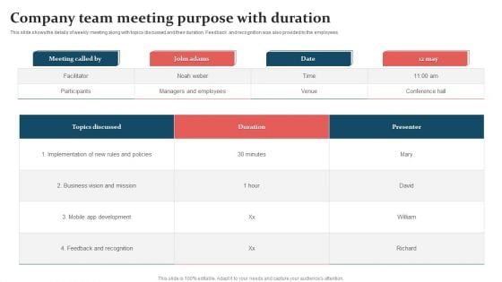 Company Team Meeting Purpose With Duration Icons PDF