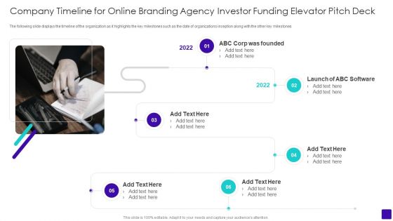 Company Timeline For Online Branding Agency Investor Funding Elevator Pitch Deck Summary PDF