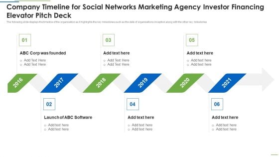 Company Timeline For Social Networks Marketing Agency Investor Financing Elevator Pitch Deck Infographics PDF