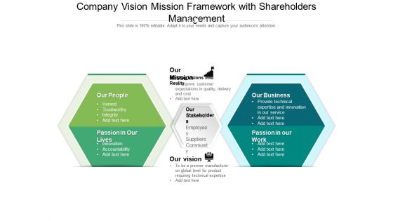 Company Vision Mission Framework With Shareholders Management Ppt PowerPoint Presentation Gallery Ideas PDF