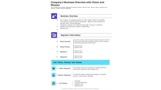 Companys Business Overview With Vision And Mission One Pager Documents