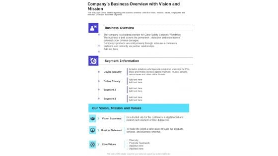 Companys Business Overview With Vision And Mission One Pager Documents Companys Business Overview With Vision And Mission One Pager Documents