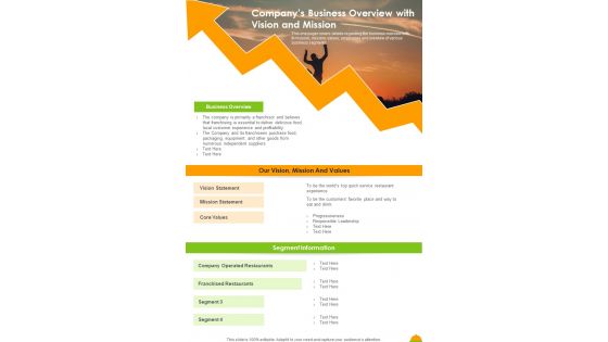 Companys Business Overview With Vision And Mission Template 102 One Pager Documents