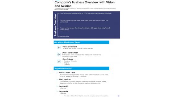 Companys Business Overview With Vision And Mission Template 188 One Pager Documents