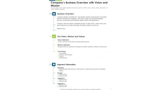 Companys Business Overview With Vision And Mission Template 230 One Pager Documents