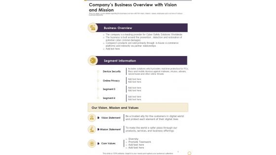 Companys Business Overview With Vision And Mission Template 249 One Pager Documents