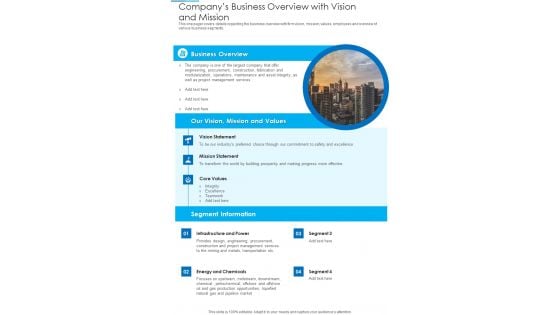 Companys Business Overview With Vision And Mission Template 299 One Pager Documents