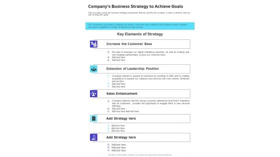 Companys Business Strategy To Achieve Goals One Pager Documents