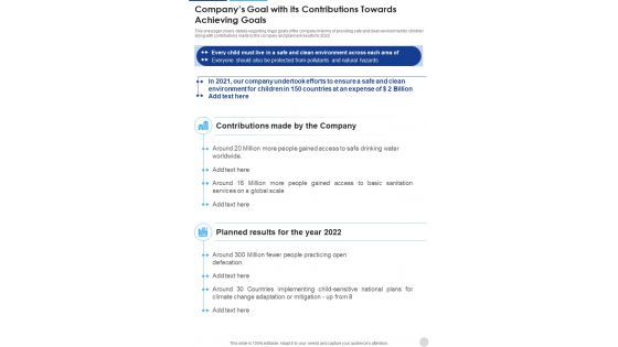 Companys Goal With Its Contributions Towards Achieving Goals One Pager Documents