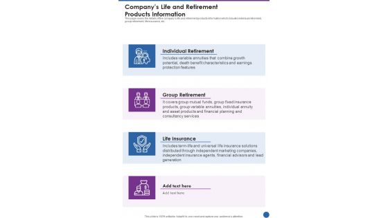 Companys Life And Retirement Products Information Template 125 One Pager Documents