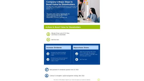 Companys Major Steps To Boost Value For Shareholders One Pager Documents Companys Major Steps To Boost Value For Shareholders One Pager Documents