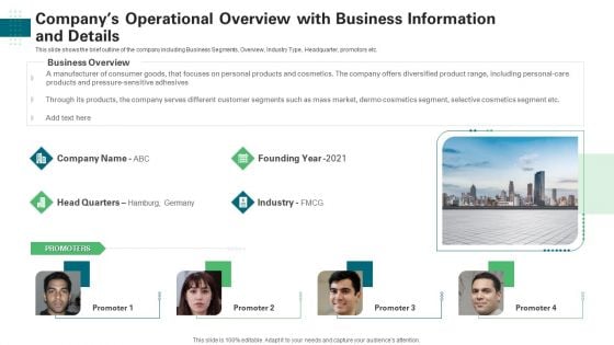 Companys Operational Overview With Business Information And Details Icons PDF