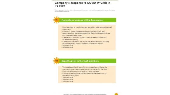 Companys Response To COVID 19 Crisis In FY 2022 One Pager Documents Companys Response To COVID 19 Crisis In FY 2022 One Pager Documents