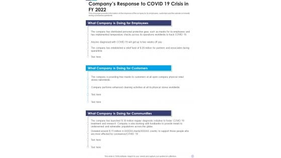Companys Response To COVID 19 Crisis In FY 2022 Template 190 One Pager Documents Companys Response To COVID 19 Crisis In FY 2022 Template 190 One Pager Documents