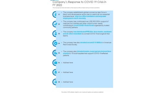 Companys Response To COVID 19 Crisis In FY 2022 Template 301 One Pager Documents Companys Response To COVID 19 Crisis In FY 2022 Template 301 One Pager Documents