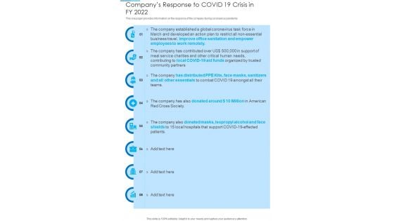 Companys Response To COVID 19 Crisis In FY 2022 Template 301 One Pager Documents