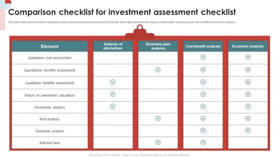 Comparison Checklist For Investment Assessment Checklist Background PDF