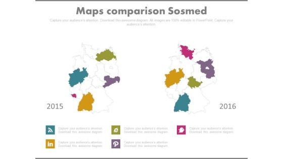 Comparison Map Chart With Social Media Icons Powerpoint Slides