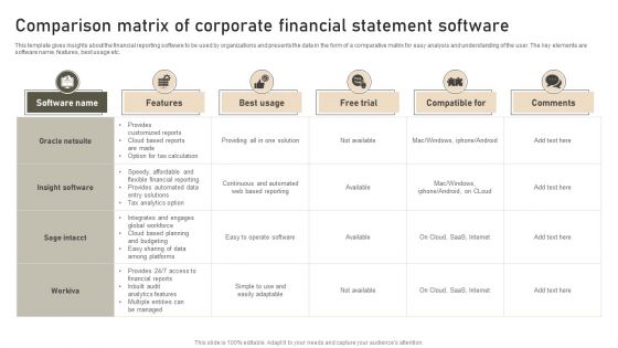 Comparison Matrix Of Corporate Financial Statement Software Download PDF