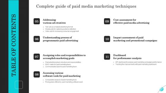 Complete Guide Of Paid Media Marketing Techniques Table Of Contesnts Summary PDF