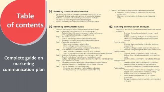 Complete Guide On Marketing Communication Plantable Of Contents Template PDF